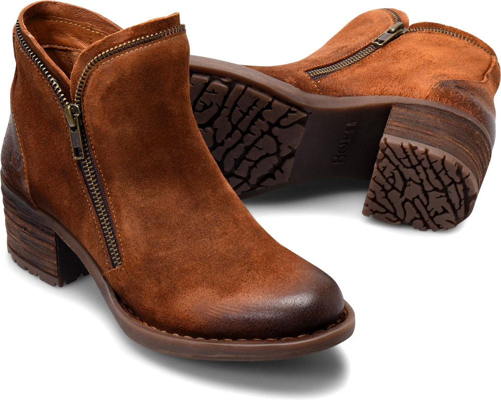 Born Montoro II Zip Detail Stacked Heel Suede Bootie Brown Distressed Size 8